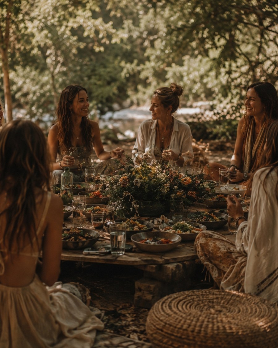 Women gathered around a table outdoors, talking and laughing together.