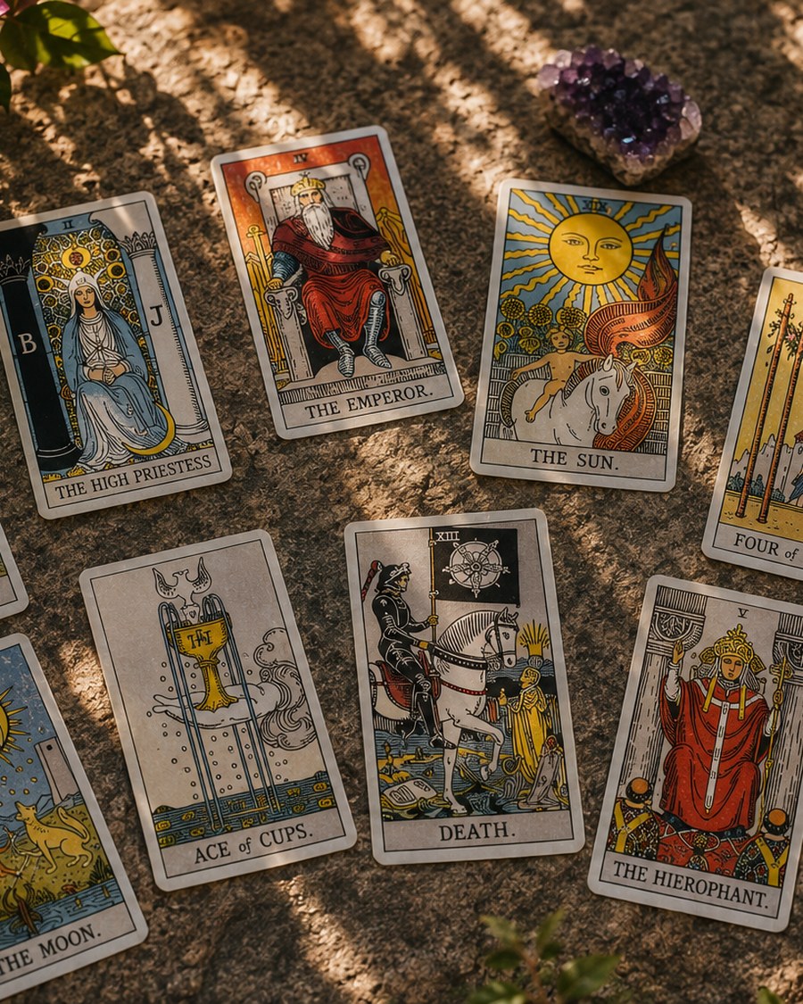Tarot spread laid out on stone, in dappled sunlight.